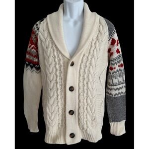 Cardigan Mens Cable Knit Sweater M Nordic Shawl Collar Wool Chunky Eleven Paris